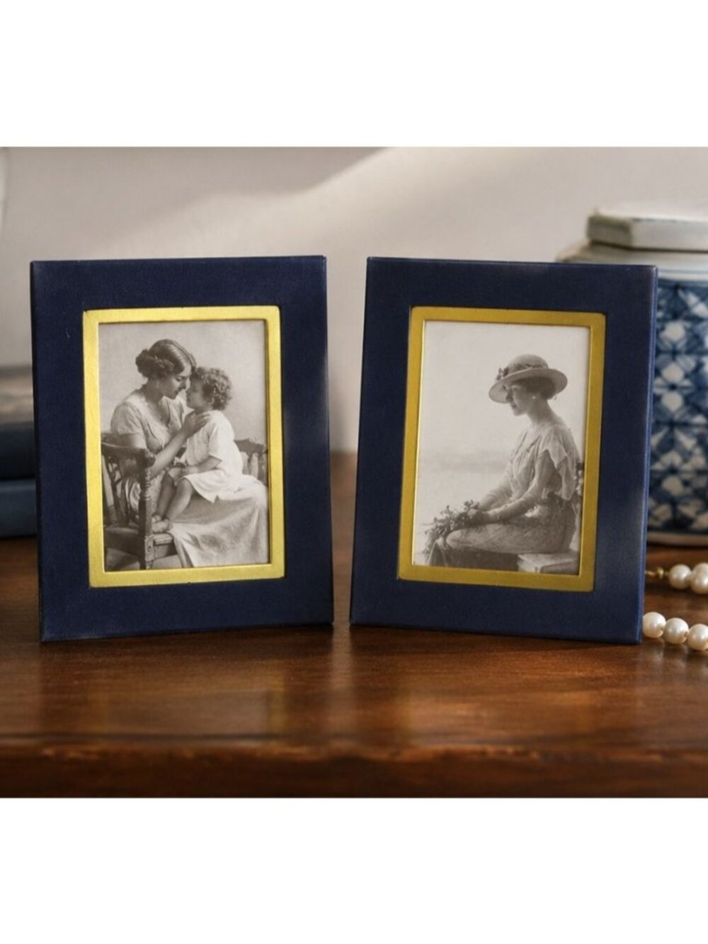 Vintage Navy Blue Gold Trim Picture Frames Set of 2 Small Tabletop Frames